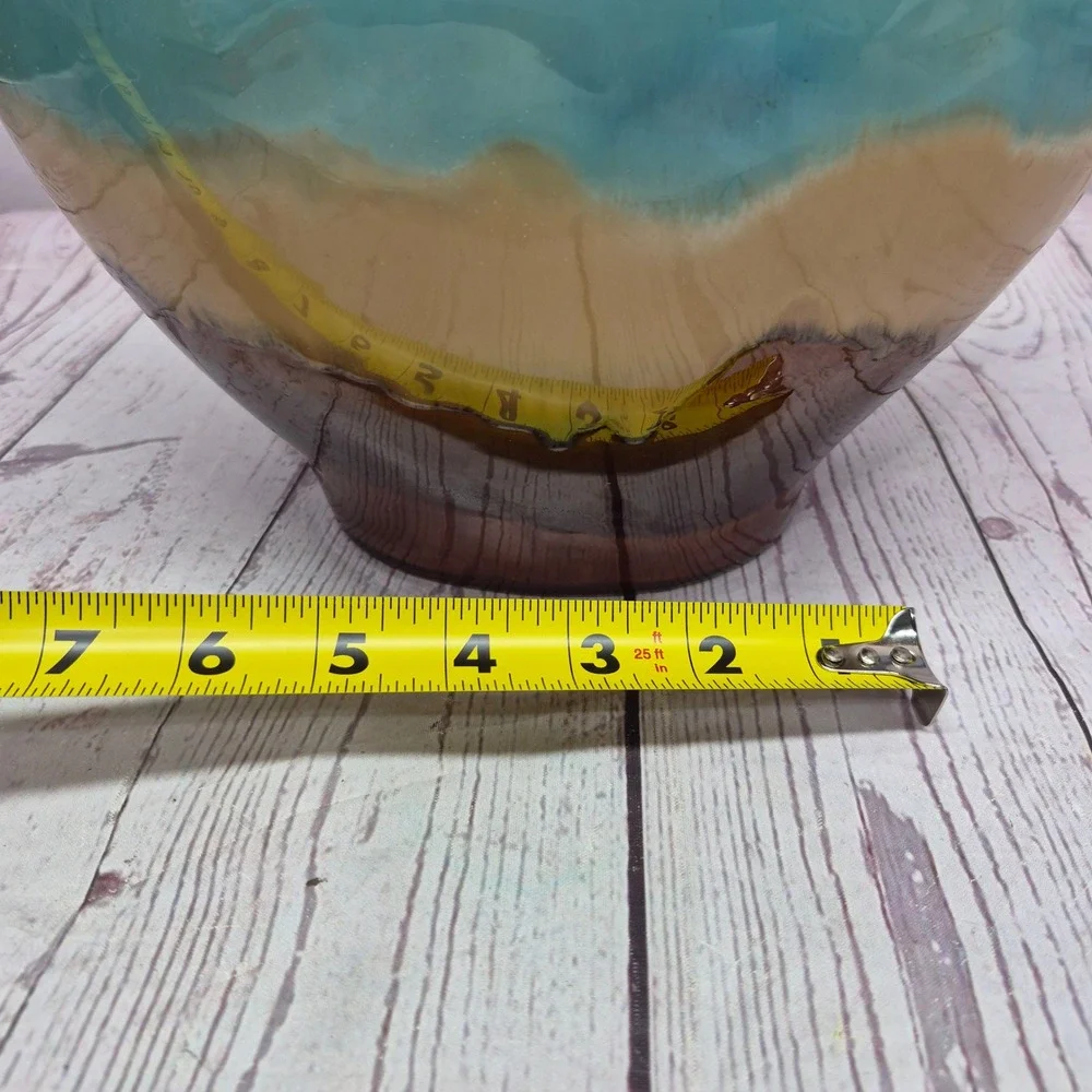 Vintage Drip Glaze Ceramic Vase Turquoise Brown Tan Bulbous Pottery Decor 10in